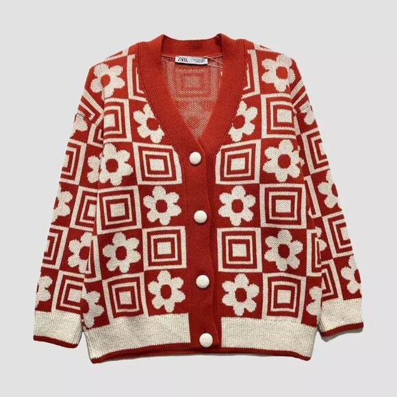 Zara Orange Jacquard Floral Geometric Chunky Knit Sweater Size S retro cozy 70s - Picture 2 of 13